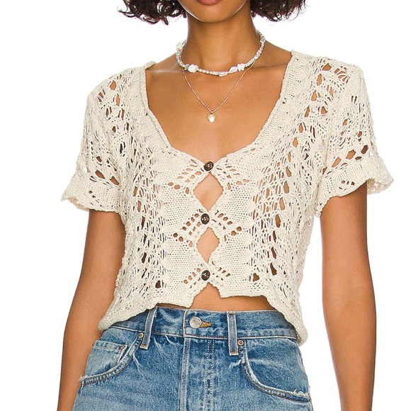 Free People Sweaters - Free people Jilly short sleeve cardigan sweater Ladies size xs Tea cream ecru